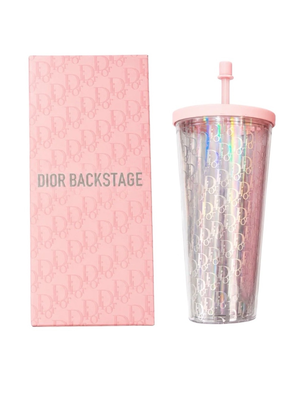 Dior Pink Holographic Logo Straw Tumbler